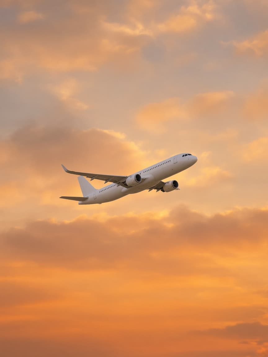 A passenger jet flying through a golden sunset sky