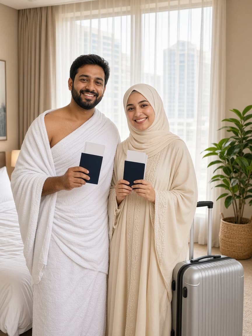 A couple in ihram and abaya holding their passports before departing for Umrah