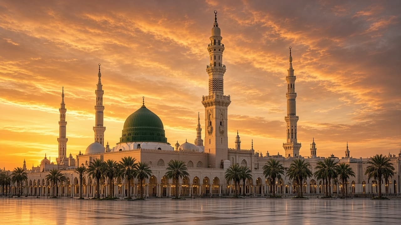The green dome and minarets of Masjid an-Nabawi in Madinah at sunset