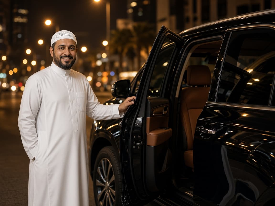 A professional chauffeur holding open the door of a black luxury SUV at night